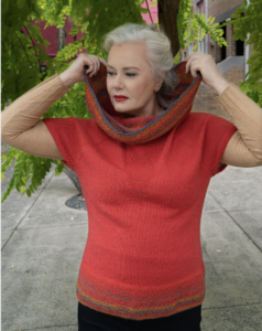 Lucid Dreams knitting pattern with colour gradient cowl collar.